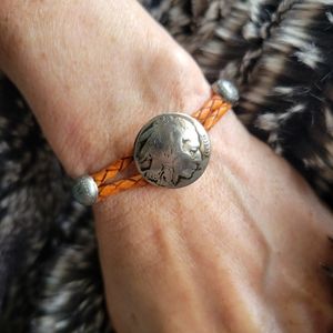 Indian Head Nickel Leather Braided Cord Studded Bracelet